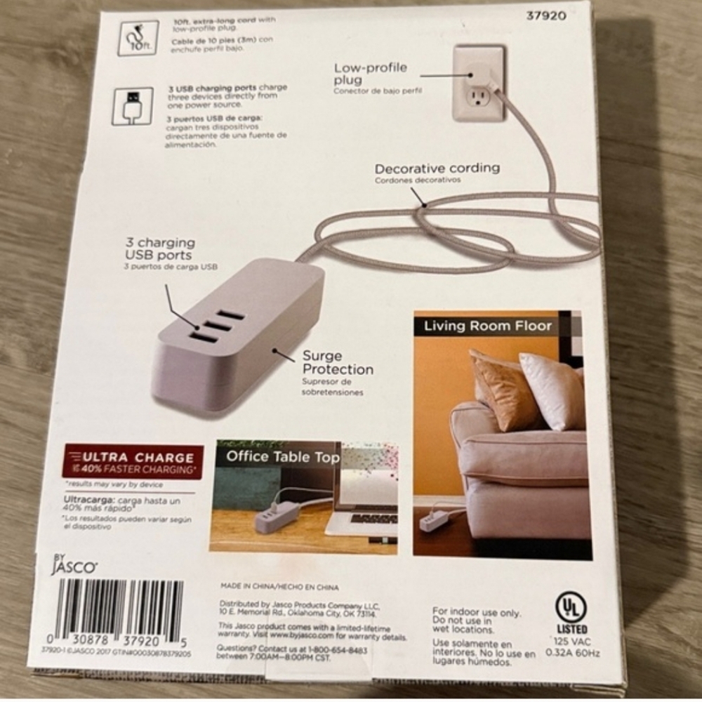 White USB Charging Extension Cord With 3 USB Ports, NIB - Picture 2 of 2